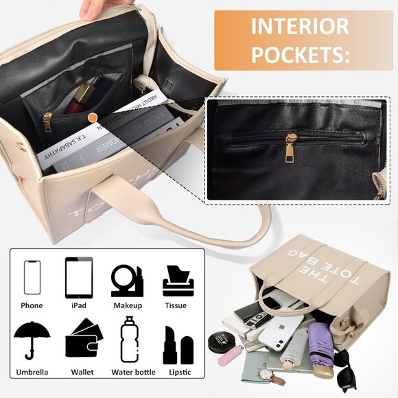 Women Pu-beige Personalized Canvas With Zipper Top-handle Crossbody Tote Handbag - Picture 4 of 6